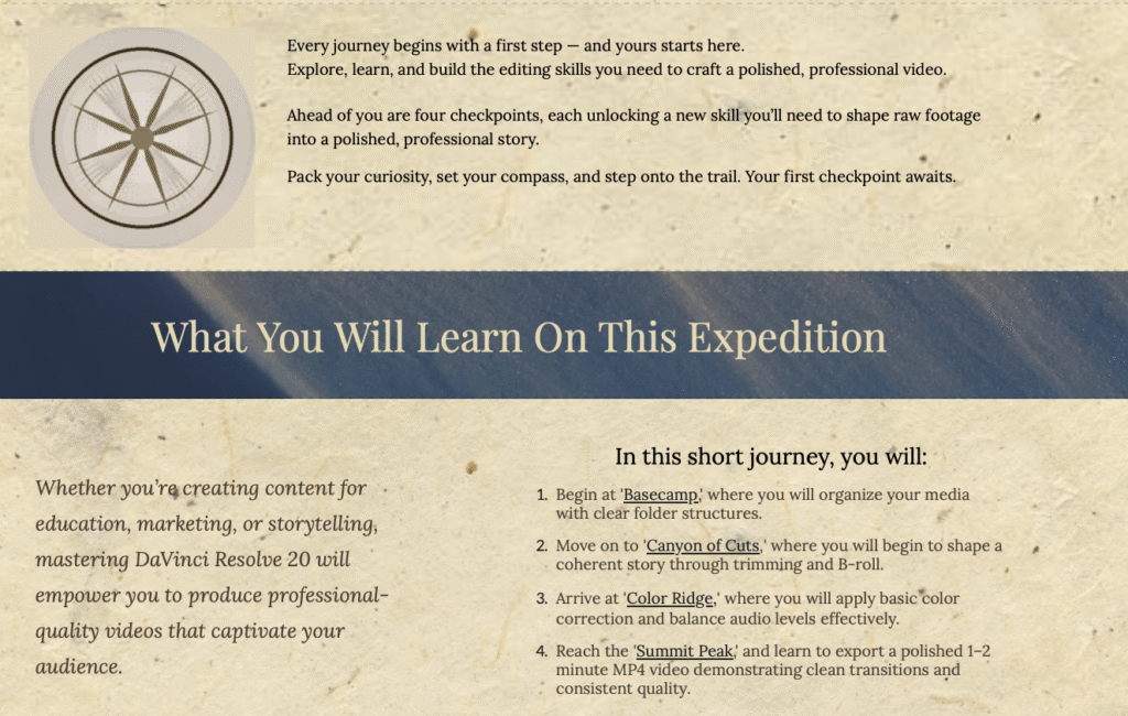 Mapping a Learning Journey: Reflections on Building The Edit Expedition Screenshot from The Edit Expedition homepage showing a compass graphic, introductory text about the learning journey, and an overview of the four main editing skills learners will develop.